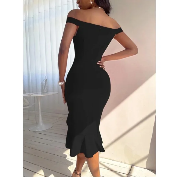 Off Shoulder Black Ruffle Detail Mermaid Dress - Picture 3 of 7